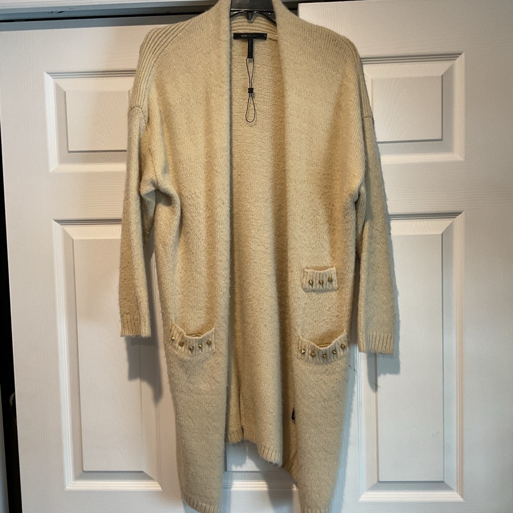 BCBGMaxAzria Long Studded Cream Knit Cardigan Sweater Kimono Duster Jacket  sz M